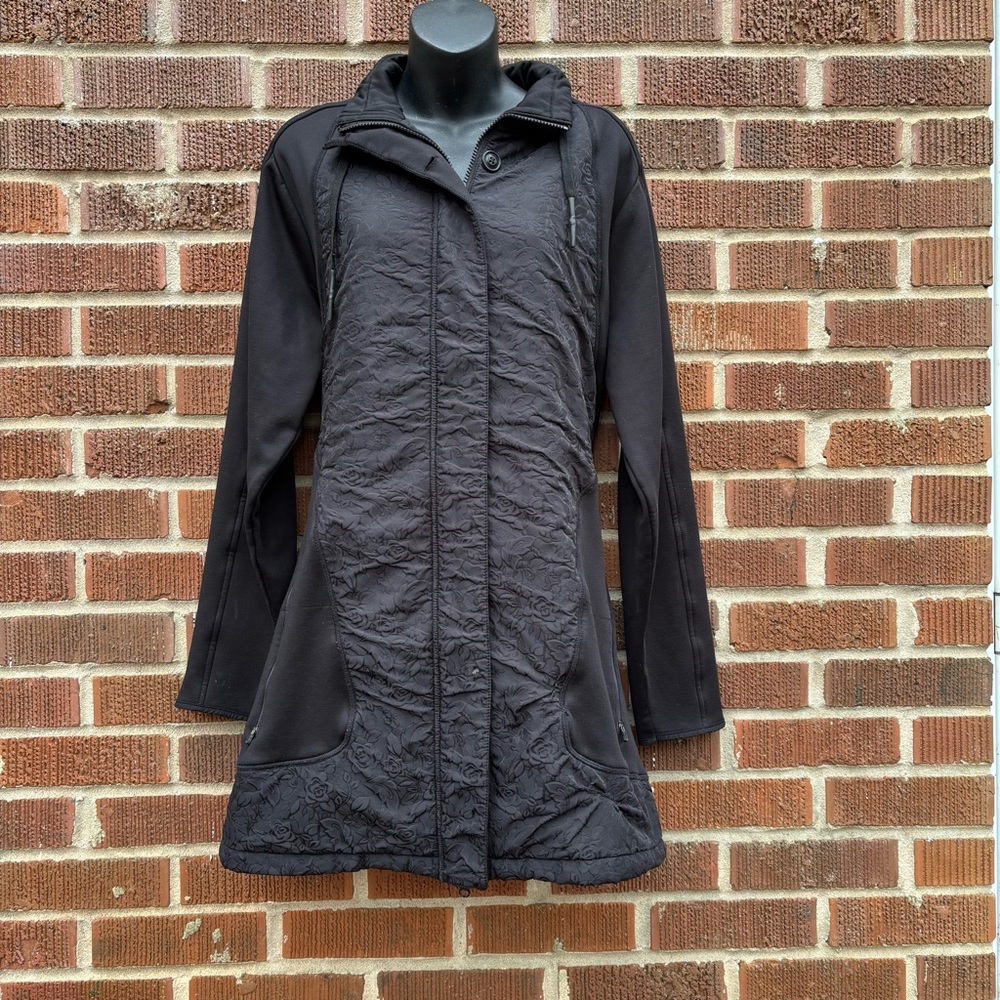 MPG Black Prague Fleece Longline Floral Full Zip Stand Up Collar Jacket Size L